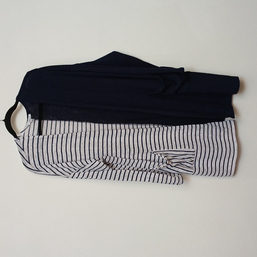 White Birch Navy, White Striped Black Panel Long Sleeve Open Front Cardigan